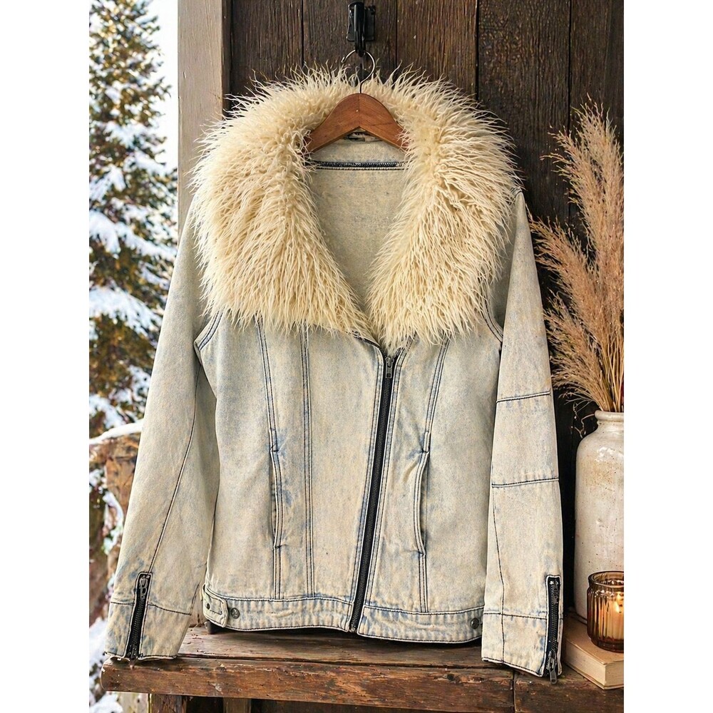 Somedays Lovin Denim Jacket Faux Fur Lined Moto Women’s M